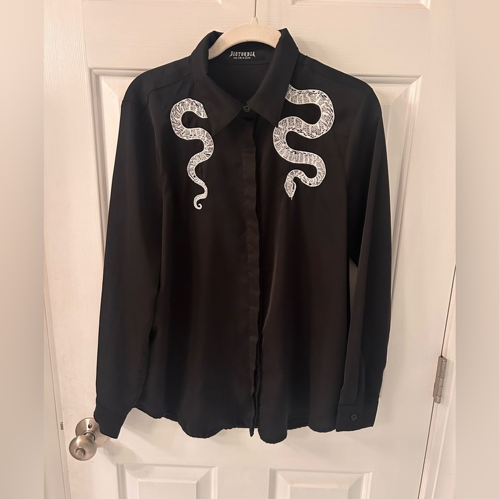 Disturbia Black Dress Shirt with Snake embroidery